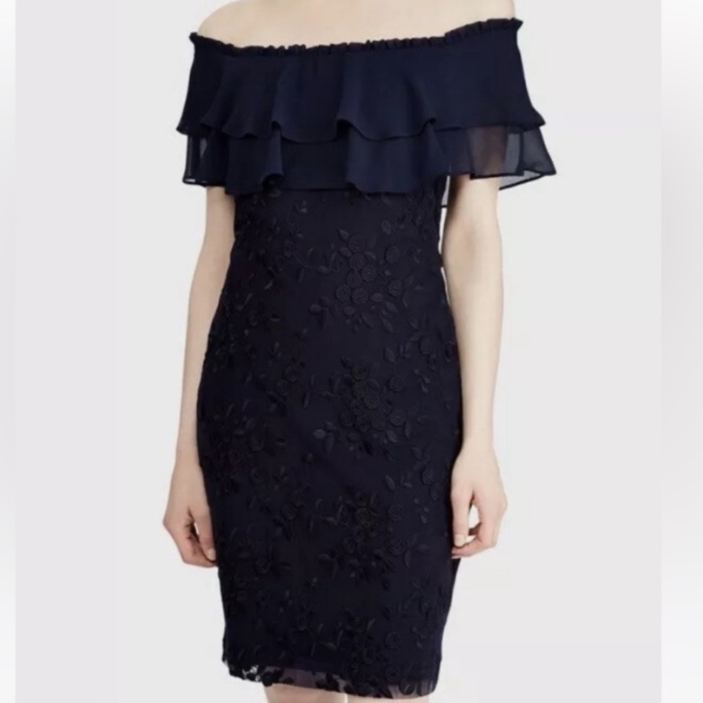 Lauren Ralph Lauren Navy Lace Dress Size 8 Elegant Overlay Cocktail Formal - Picture 3 of 11